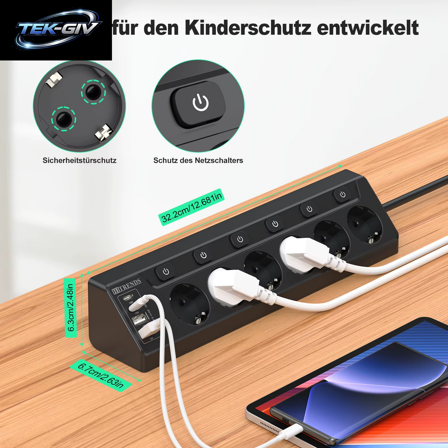 6-Wege-Steckdosenleiste Mit Europäischem Mehrfachstecker Und 2 USB-2 Typ C, Eck-Multifunktionssteckdose Mit 2 M Kabel Für Den Heimtisch