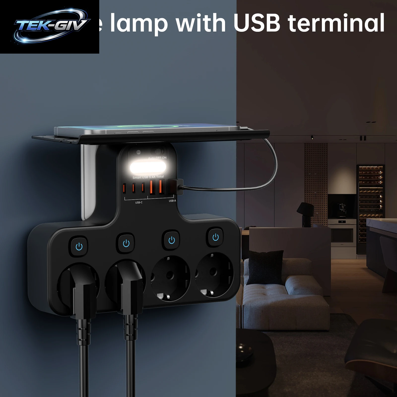 4000 W Eu-Stecker Steckdosenleiste Multifunktionssteckdose Intelligentes Nachtlicht Unabhängiger Schalter Europäische Standardsteckdose Mit Usb-C-Anschlüssen