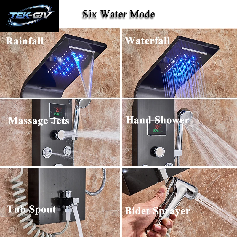 Luxus Bad Dusche Panel Wasserfall Regen Dusche Kopf Heiß Kalt Mischbatterie Bidet Wasserhahn Mit Handbrause Massage Jets Auslauf