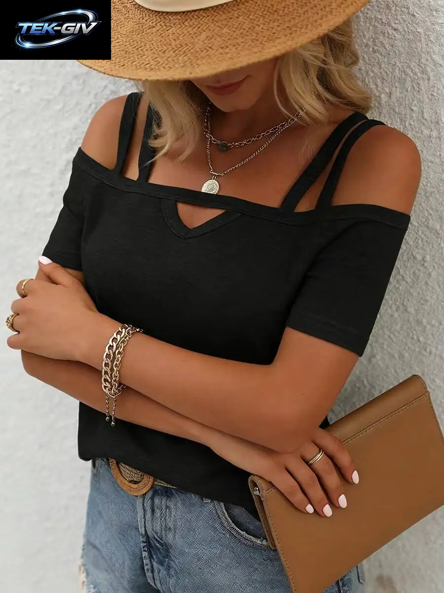 Damen T-Shirt Frühling Sommer Schwarz Cold-Shoulder Doppelriemen Ausschnitt-Kragen Kurzarm Valentinstag Lässiges Sexy Alltags-Oberteil