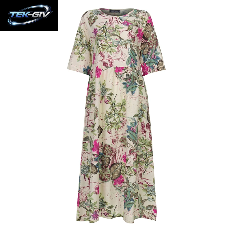 Damen Sommerkleid Mit Kurzen Ärmeln, ZANZEA Damenkleid Mit Blumenmuster, Bohemian-Stil, Elegant, Lässig, Übergroß, Lange Urlaubskleider