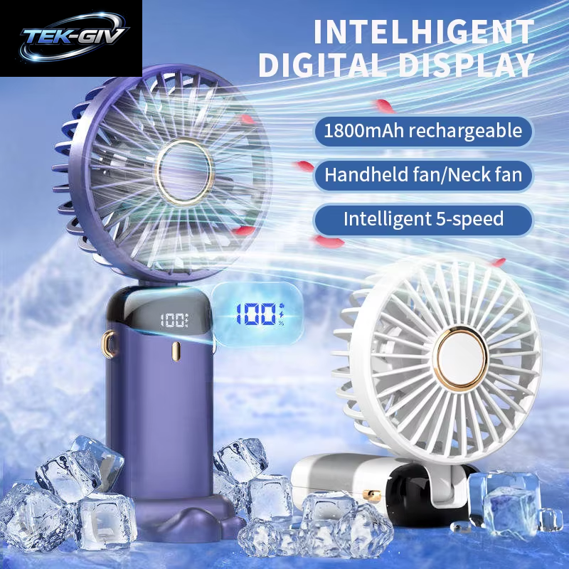 Tragbarer Mini-Handventilator, Faltbar, Zum Aufhängen Am Hals, 5 Geschwindigkeiten, Wiederaufladbarer Usb-Ventilator Mit Telefonständer Und Bildschirm, 1800 Mah