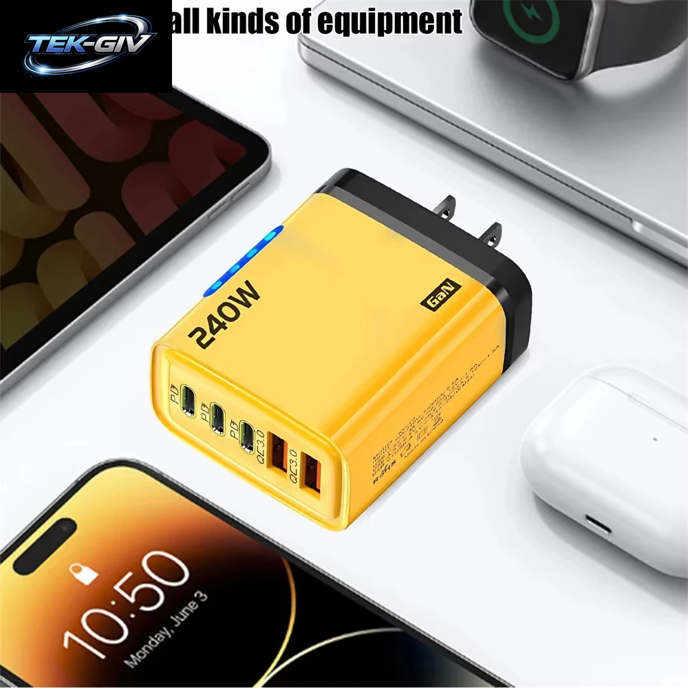 240W Gan-Schnellladegerät Mit Led-Licht 5-In-1 2Usb+3Type-C Multi-Port-Handy-Ladegerät Für Iphone 15-17 Serie Samsung Huawei Xiaomi 15