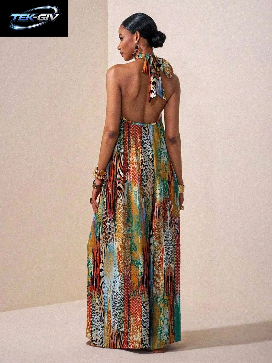 Damen-Maxikleid Mit Neckholder-Ausschnitt, Rückenfrei, Bedruckt, Lockere Passform, Ärmellos, Bohemian-Stil, Freizeitkleid, Frühling, Sommer, Urlaub, Strand-Outfit