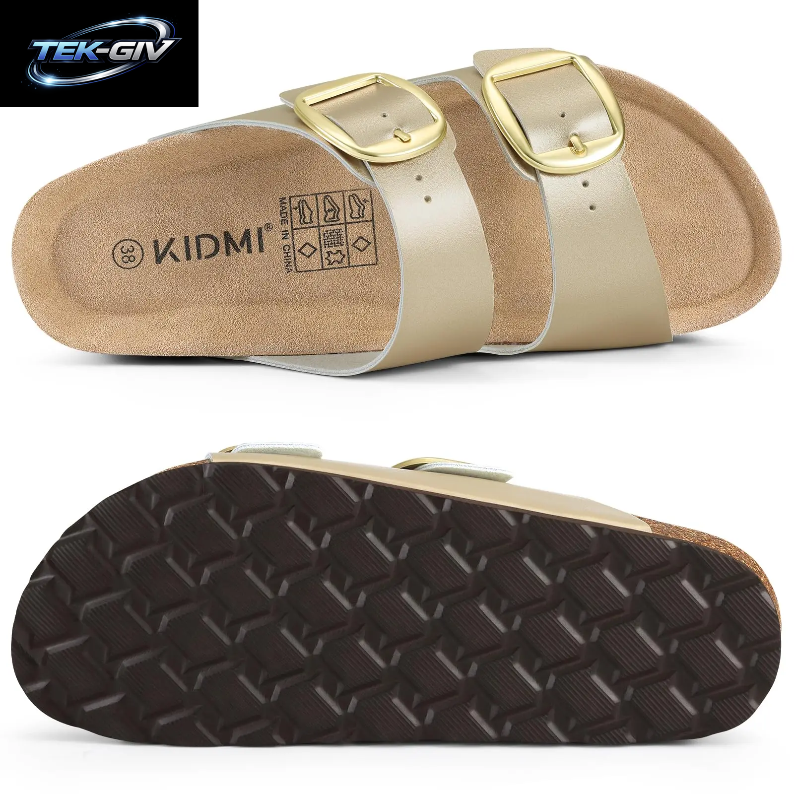 Litfun Damen Kork-Sandalen: Bequeme Leder-Pantoletten Mit Fußgewölbestütze Für Sommer Und Strand, Mit Verstellbarer Schnalle