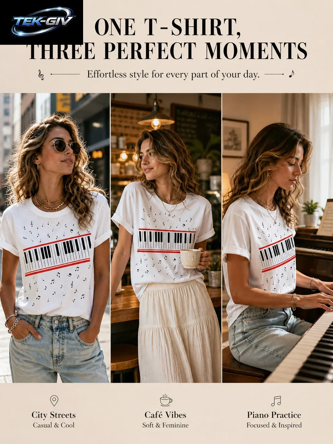 Ilstile Damen-T-Shirts Mit Klavier-Musiknoten-Aufdruck, Sommer, Kurzärmelig, Lässig, Rundhalsausschnitt, Retro-Fan-Favorit-T-Shirts, NEU
