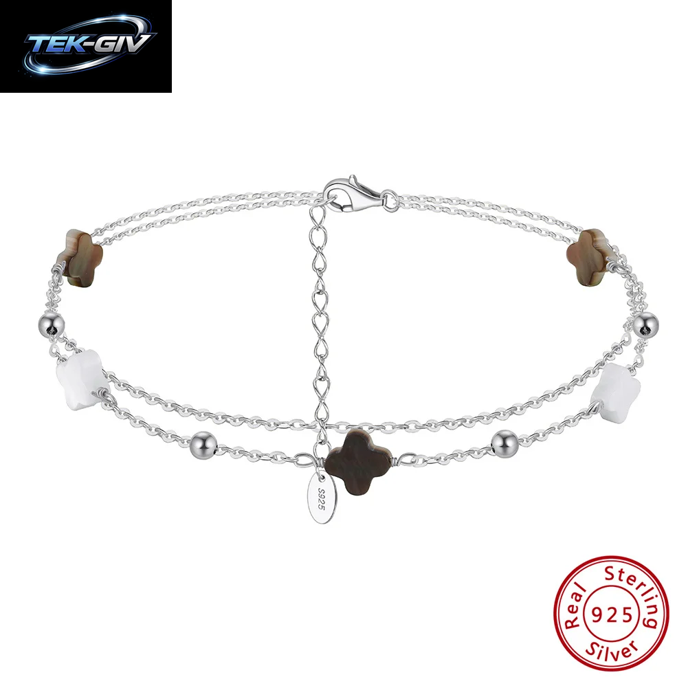 Rinntin Fußkettchen Aus Echtem 925Er-Sterlingsilber, Doppellagig, Kleeblatt-Kette, Glücksklee-Charm-Fußkettchen, Armband, Damenschmuck, GMA02