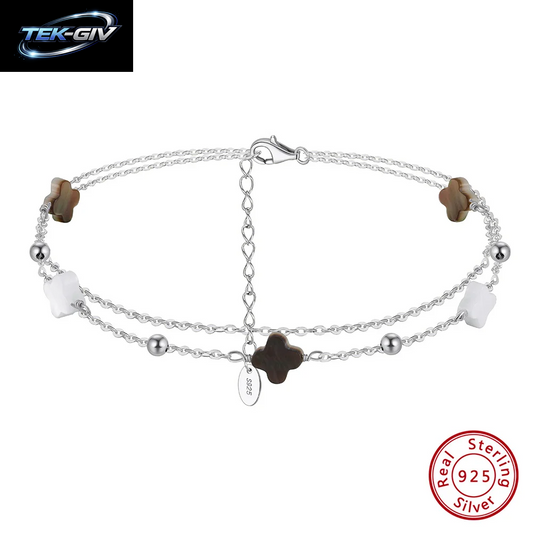 Rinntin Fußkettchen Aus Echtem 925Er-Sterlingsilber, Doppellagig, Kleeblatt-Kette, Glücksklee-Charm-Fußkettchen, Armband, Damenschmuck, GMA02