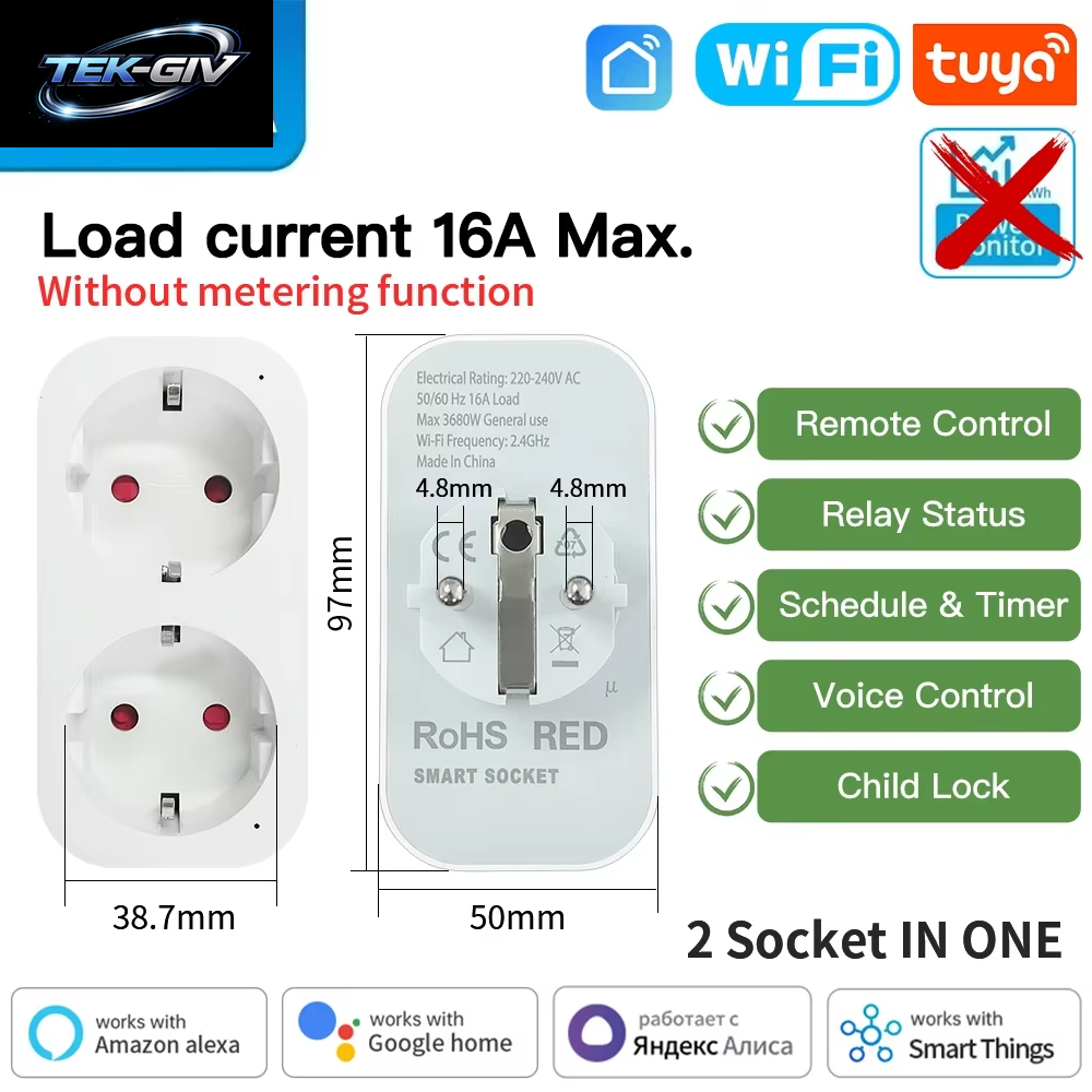 TNCE Tuya Wifi/Zigbee Smart Plug16A/20A EU Smart 2 Steckdosen in 1 Mit Stromüberwachung Und Timing-Funktion, Kompatibel Mit Alexa Und Google Home