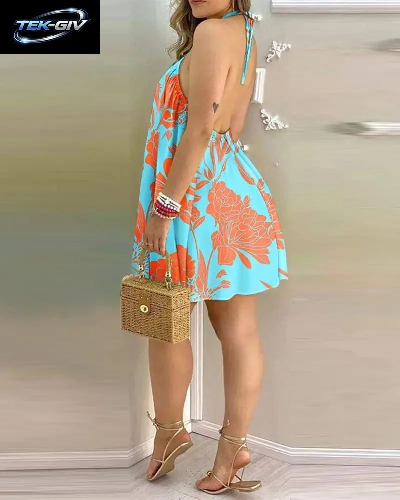 Damen 2026 Tropisches Blättermuster Neckholder-Minikleid Ärmellos Rückenfrei A-Linie Sommer Strandkleid Lässig