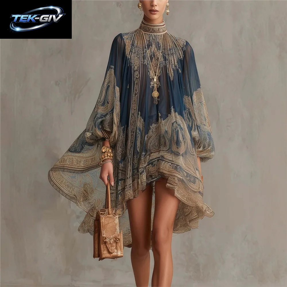 Modisches Bedrucktes Chiffon-Trompetenkleid Mit Langen Ärmeln Für Damen, Frühling Sommer Neues Elegantes Strandkleid Für Urlaub, Locker Geschnittenes Kleid 2026