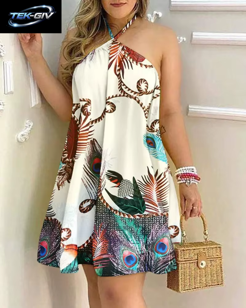 Damen 2026 Tropisches Blättermuster Neckholder-Minikleid Ärmellos Rückenfrei A-Linie Sommer Strandkleid Lässig