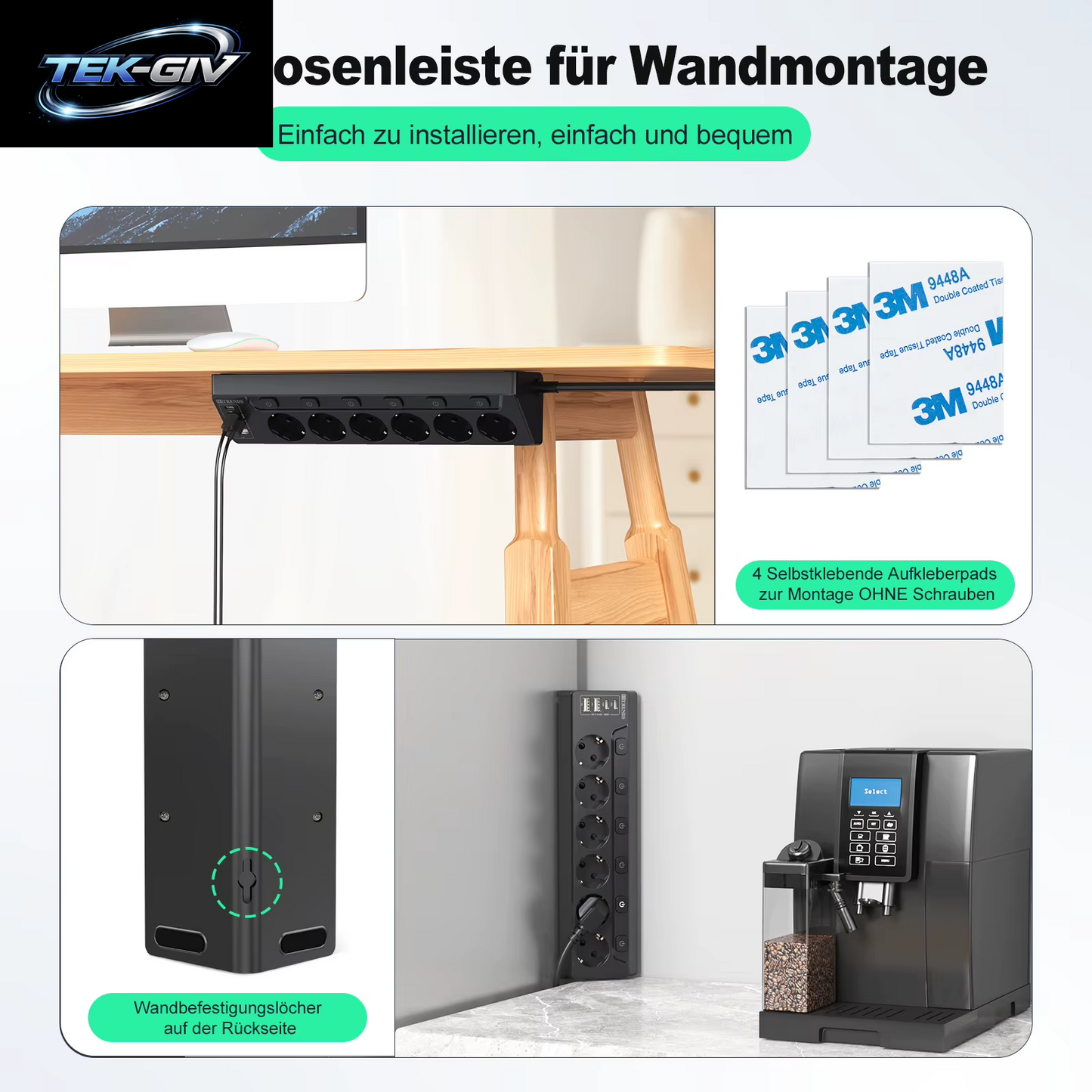 6-Wege-Steckdosenleiste Mit Europäischem Mehrfachstecker Und 2 USB-2 Typ C, Eck-Multifunktionssteckdose Mit 2 M Kabel Für Den Heimtisch