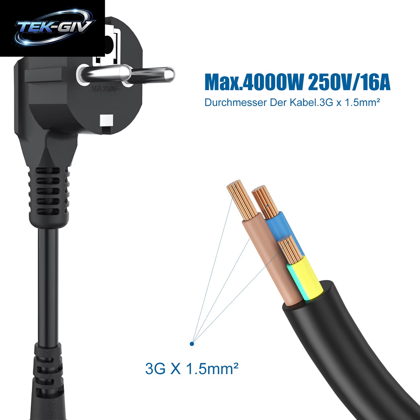 EU Europäisches Stromverlängerungskabel Mit 3 Ac-Schuko-Buchsen, 250 V/16 A, Stromversorgungskabel, Dreifachstecker-Adapter Für Computer Und Zuhause