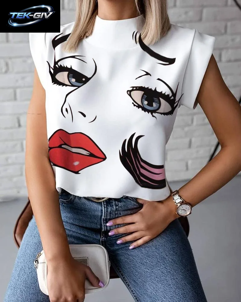 Damen-Bluse Mit Abstraktem Gesichtsdruck, Ärmellos, Stehkragen Und Knopfleiste Für Sommermode