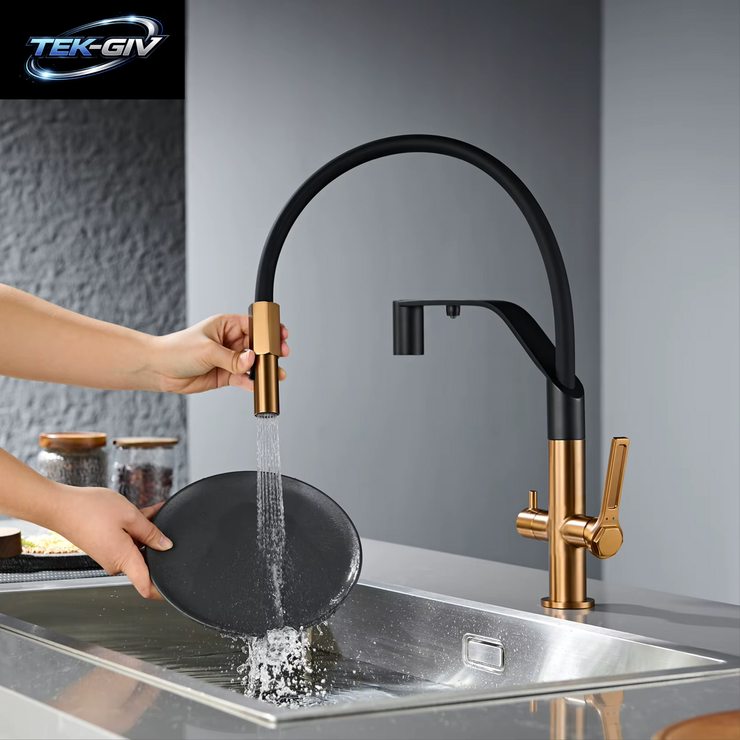 Moderner Waffengrauer Edelstahl 3-In-1 Küchenarmatur Mit Filterwasser 1-Loch Doppelgriff-Mischer Für Kalt- Und Warmwasser Spülbeckenarmatur