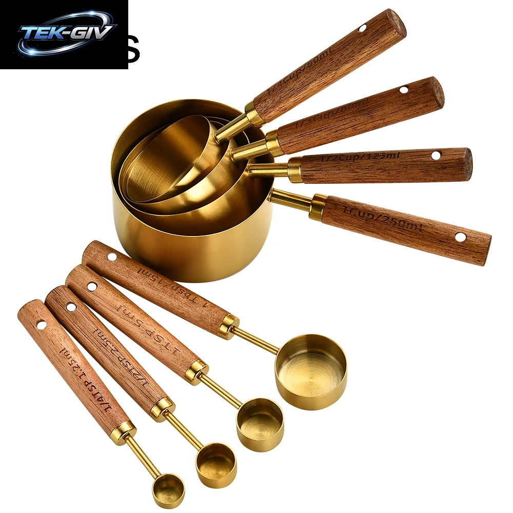 Gold Holzgriff Edelstahl Messbecher Löffel Backwerkzeuge Kaffee Messlöffel Set Barkeeper Maßstab Zubehör