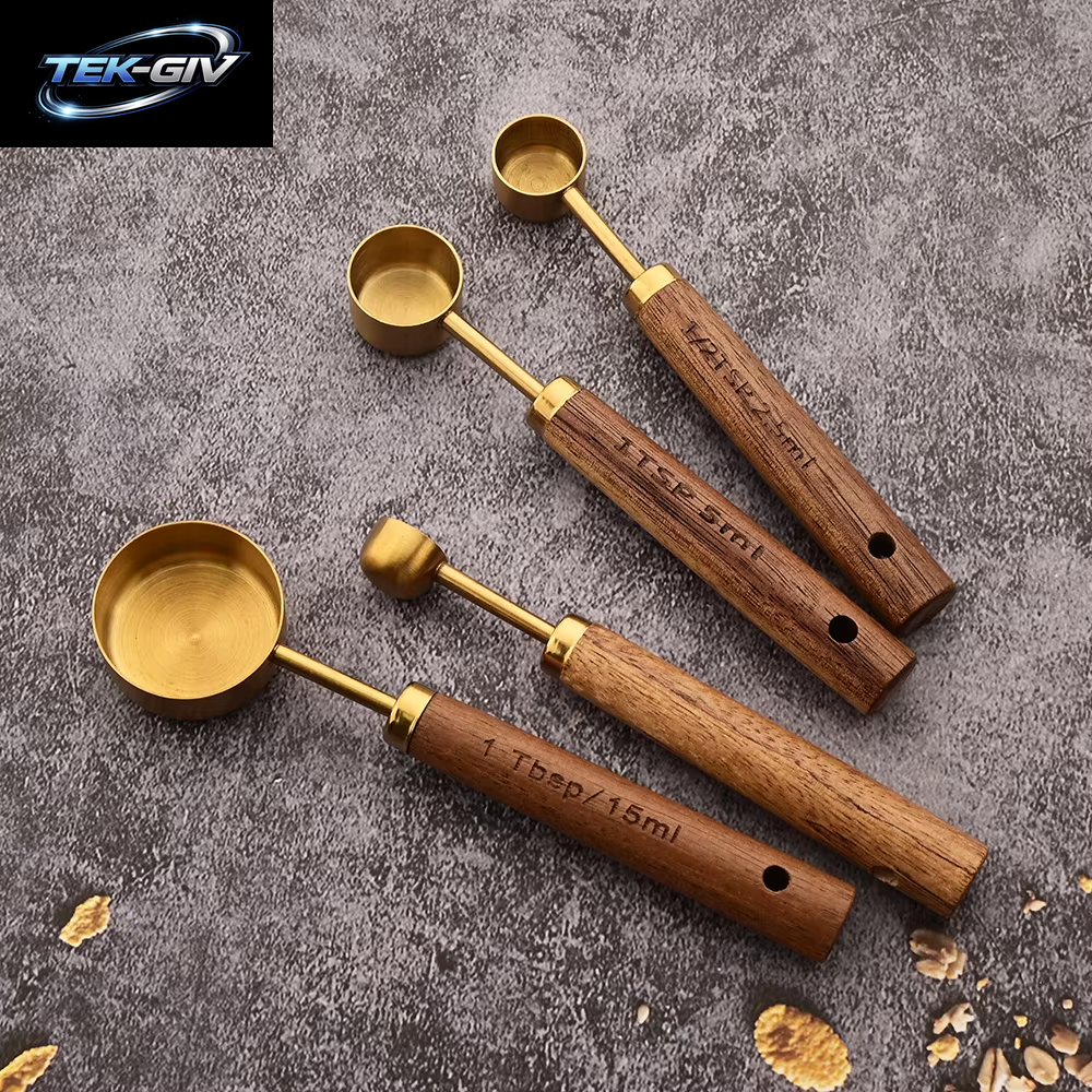 Gold Holzgriff Edelstahl Messbecher Löffel Backwerkzeuge Kaffee Messlöffel Set Barkeeper Maßstab Zubehör