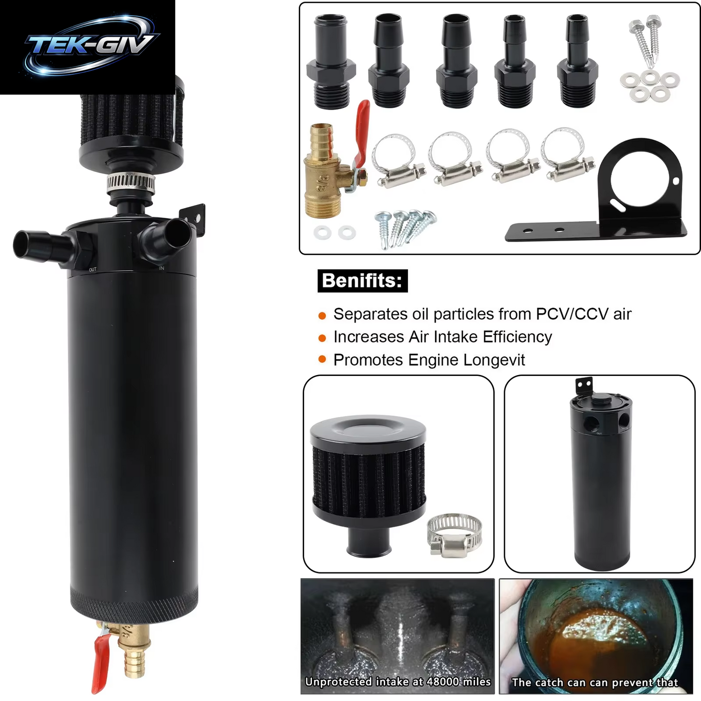 2-Port Schwarz 750Ml Ölfangdose Kit, Universelle Verblüffte Ölfangdose Reservoir Tank Mit Entlüftung Filter Und Ablass Ventil