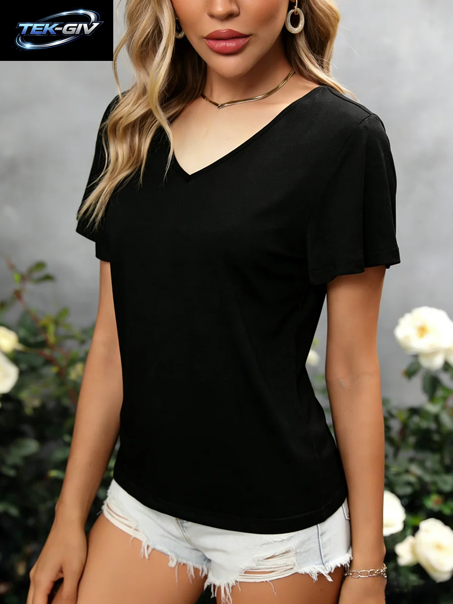 Damen-T-Shirt Mit V-Ausschnitt, Kurzen Ärmeln, Überkreuztem Rücken, Einfarbig, Entspannt Geschnitten, Sexy T-Shirt, Frühling, Sommer, Schickes T-Shirt, Leichtes Alltags-T-Shirt