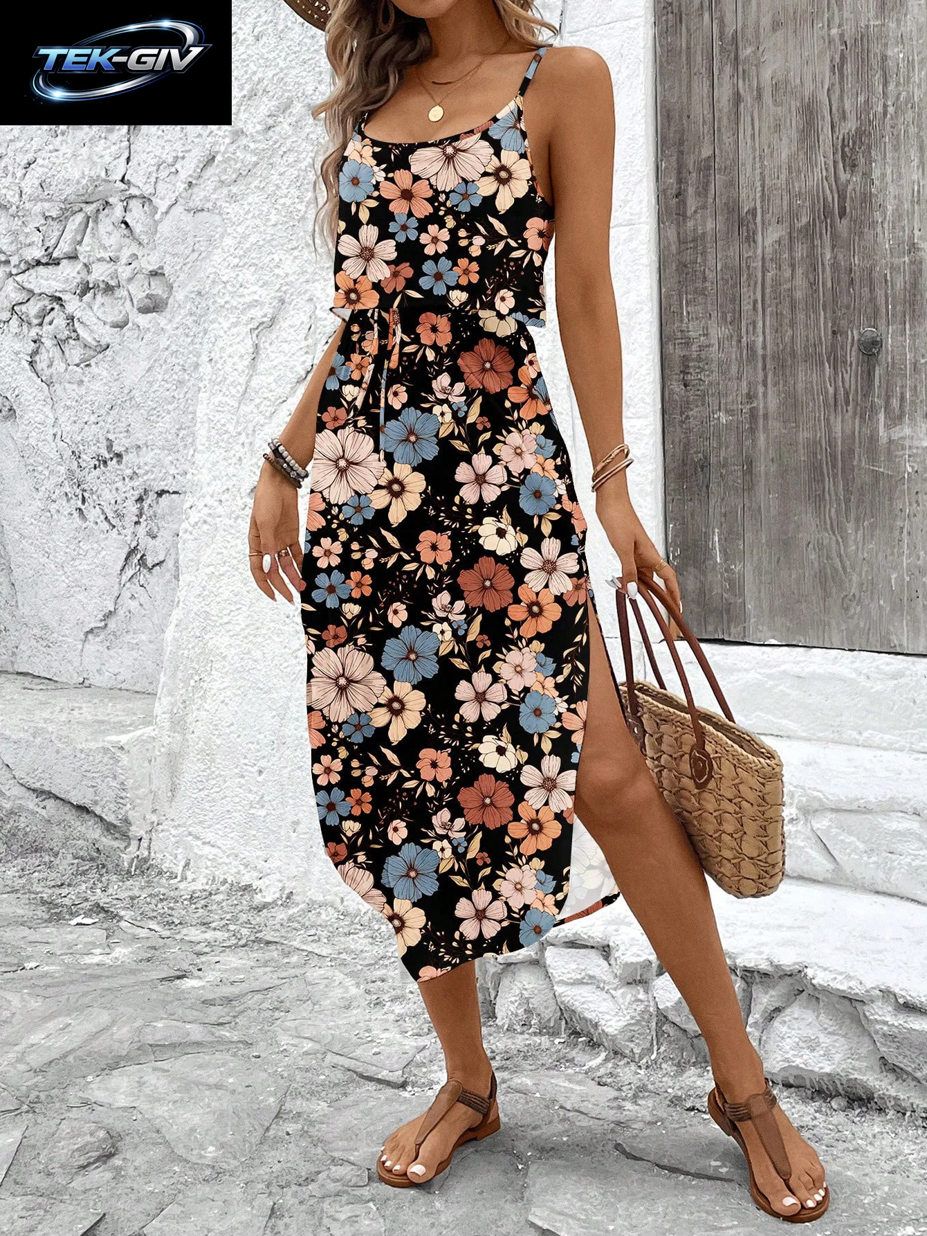 Sommerkleid Mit Spaghettiträgern Für Damen, Gürtel Und Seitenschlitz – Lässiges, Ärmelloses, Fließendes Kleid