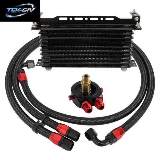 AN10 10-Reihiger 262 Mm Universeller Motor-Getriebeölkühler Mit Halterung + Aluminium-Filterschlauchend-Kit Blau/Schwarz Für 350Z 4G63