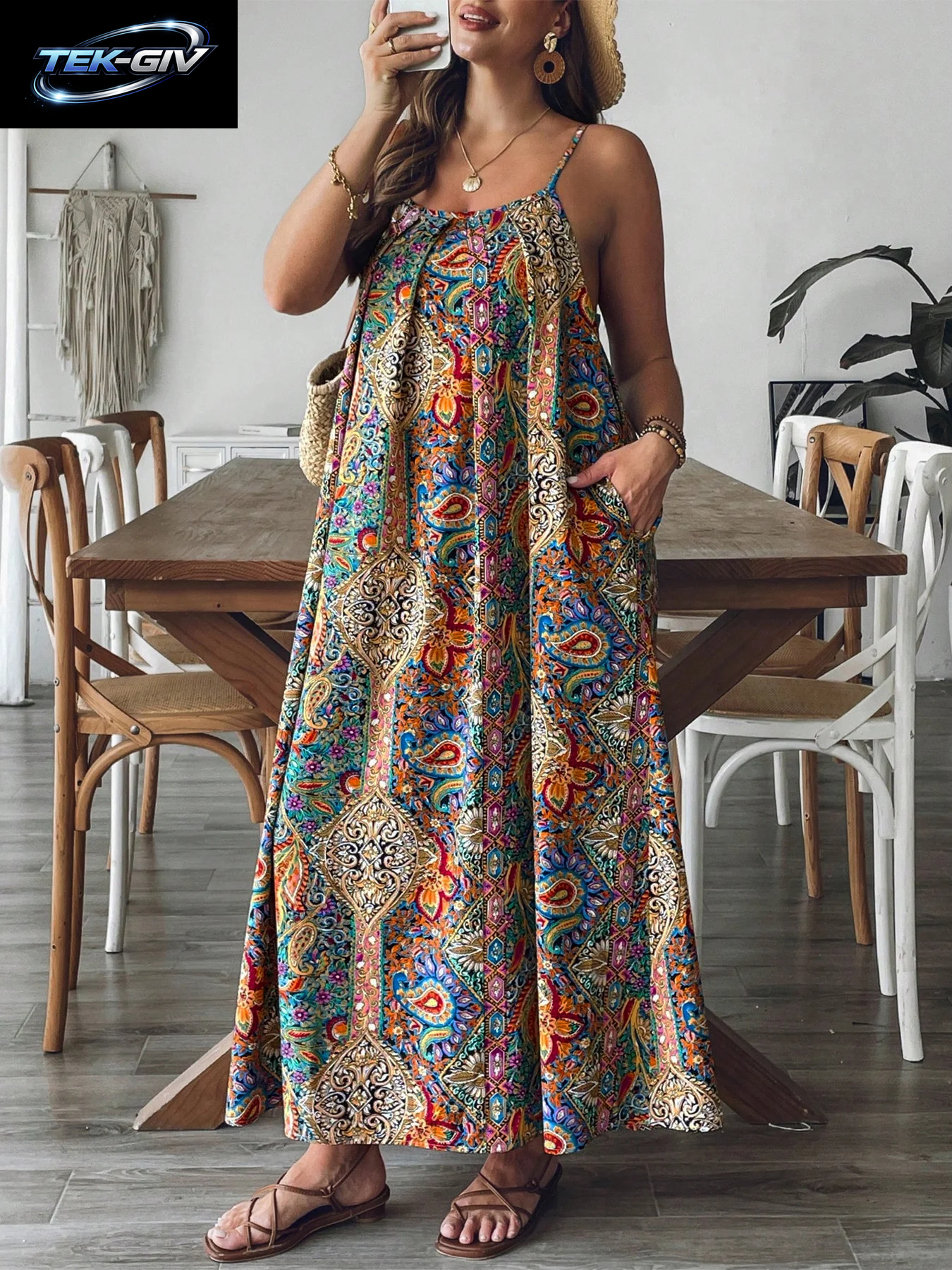 Übergröße Blumen-Paisley Maxikleid Fließendes Strand-Boho Urlaubskleid Sommerkleid