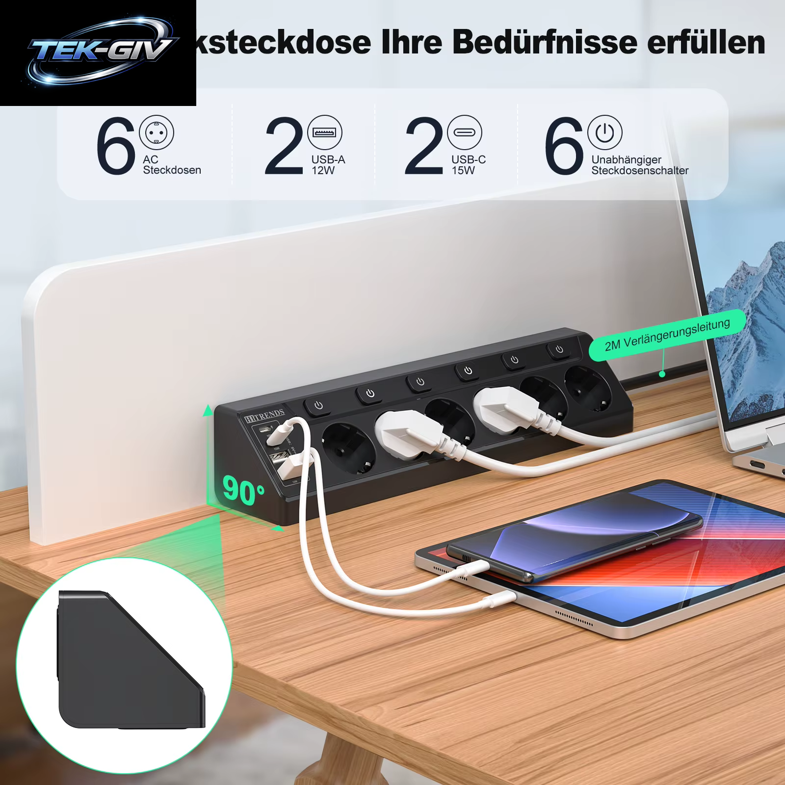 6-Wege-Steckdosenleiste Mit Europäischem Mehrfachstecker Und 2 USB-2 Typ C, Eck-Multifunktionssteckdose Mit 2 M Kabel Für Den Heimtisch