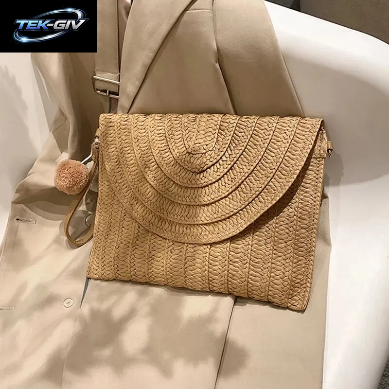 Handgemachte Stroh Strand Schulter Umhängetasche Mädchen Umschlag Gewebt Sommer Kleine Haar Ball Clutch