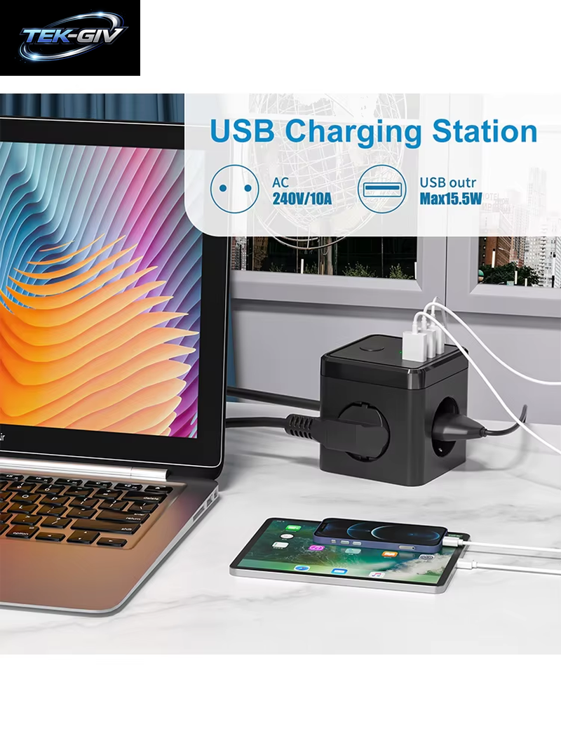 Cube Mehrfachsteckdose Mit Usb-Schnellladeanschluss, 3-Wege-Steckdose Mit Schalter, 2 Euro- Und 1 Schuko-Steckdose Für Zuhause, Schlafzimmer, Büro
