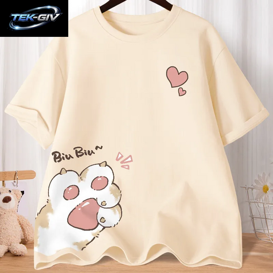 Sommer Cartoon Nette Süße Katze Klaue Liebe Gedruckt Kurzarm T-Shirt Frauen Lose Jugend Student Halbe Hülse Übergroßen Shirt Top