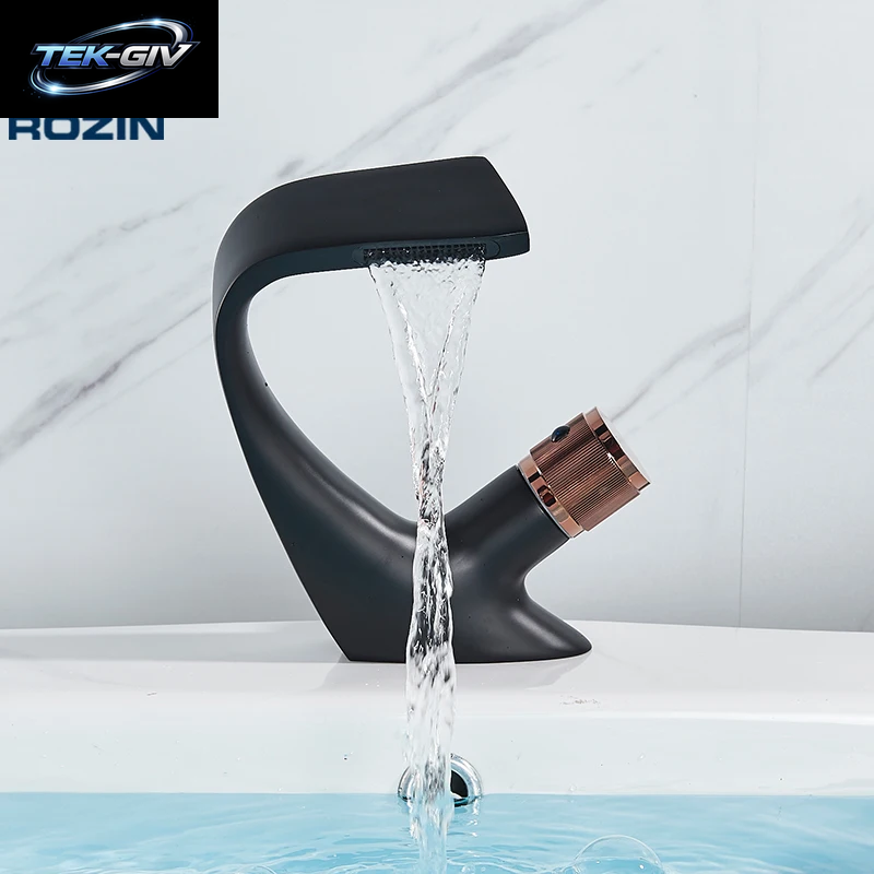 Rozin Matte Schwarz Becken Armaturen Wasserfall Moderne Messing Bad Wasserhahn Deck Montieren Einfache Design Kran Kalten Heißer Wasser Mischbatterie
