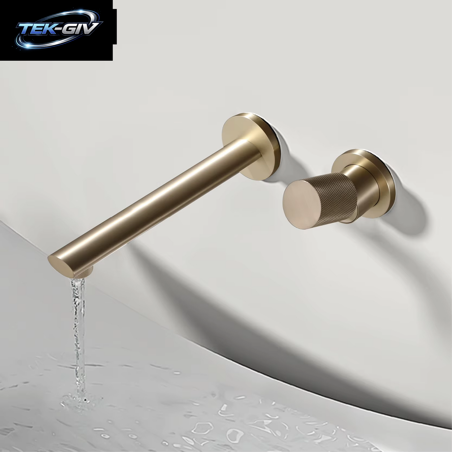 Luxuriöser, an Der Wand Montierter Badezimmerhahn Aus Gebürstetem Goldmessing Mit Einstellbarem Wasservolumen. Eingebettetes Design Für Warm- Und Kaltwasser-Waschtischarmaturen