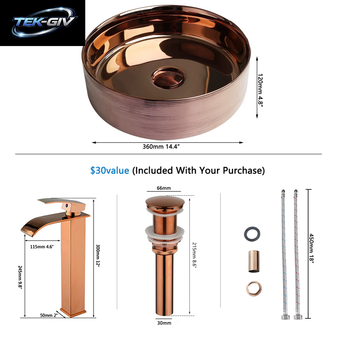 KEMAIDI Badezimmer-Waschbecken-Wasserhahn-Kombination, 35,6 Cm, Schüsselwaschbecken, Roségold, Waschbecken, Rundes Keramikwaschbecken Für Badezimmer, Theke