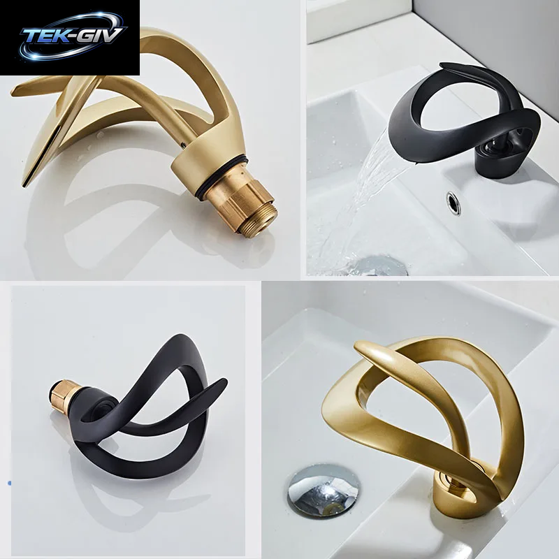 Schwarz Badezimmer Waschbecken Wasserhähne Einhand Wasserfall Wasserhahn Massivem Messing Waschbecken Mischbatterien Kreative Ausgehöhlte Design Wasserhahn