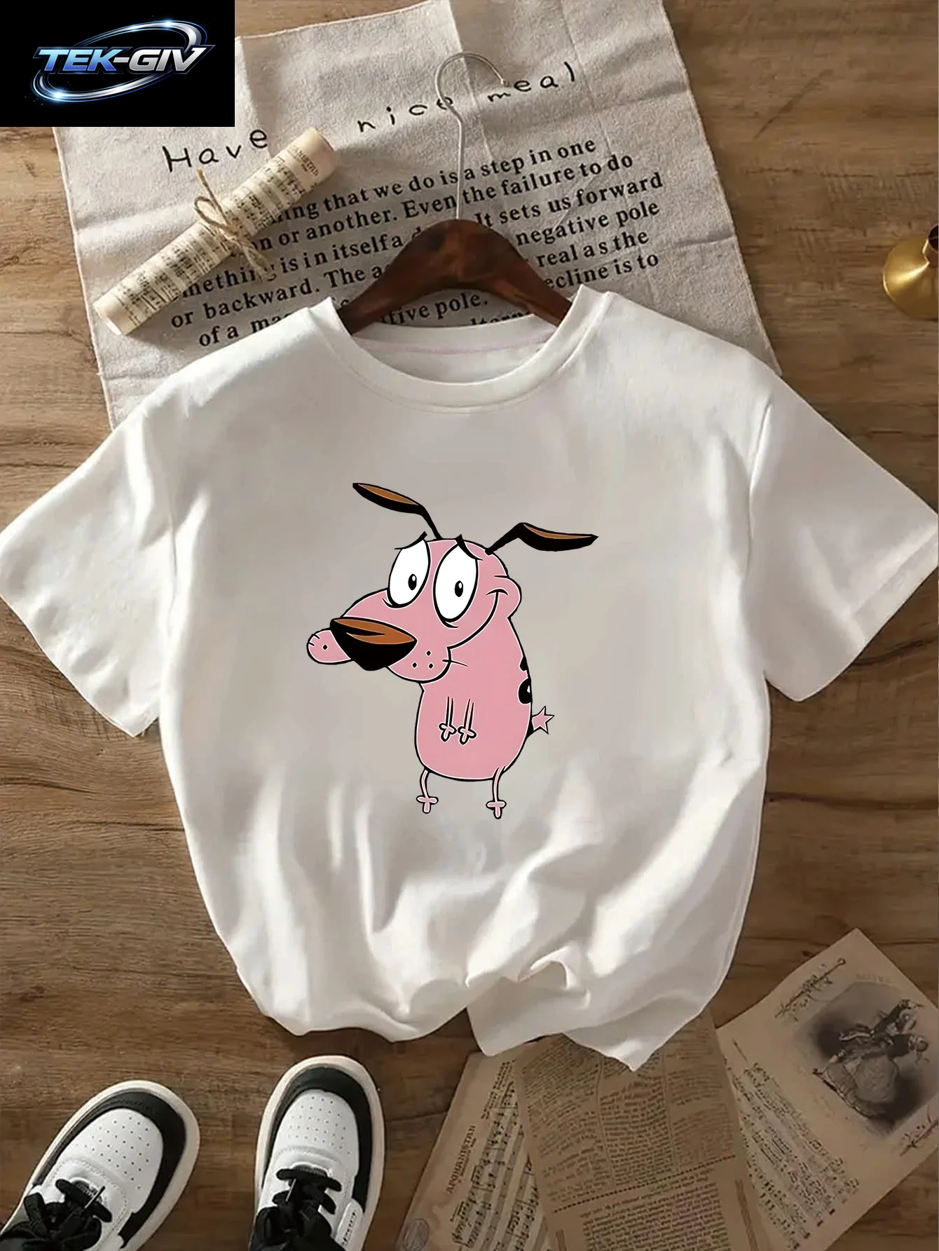 Damen-T-Shirt „Courage the Cowardly Dog“, Kreativ Bedruckt, Für Den Sommer, Rundhalsausschnitt, Kurzärmelig, Lässiges Oberteil, T-Shirt-Kleidung