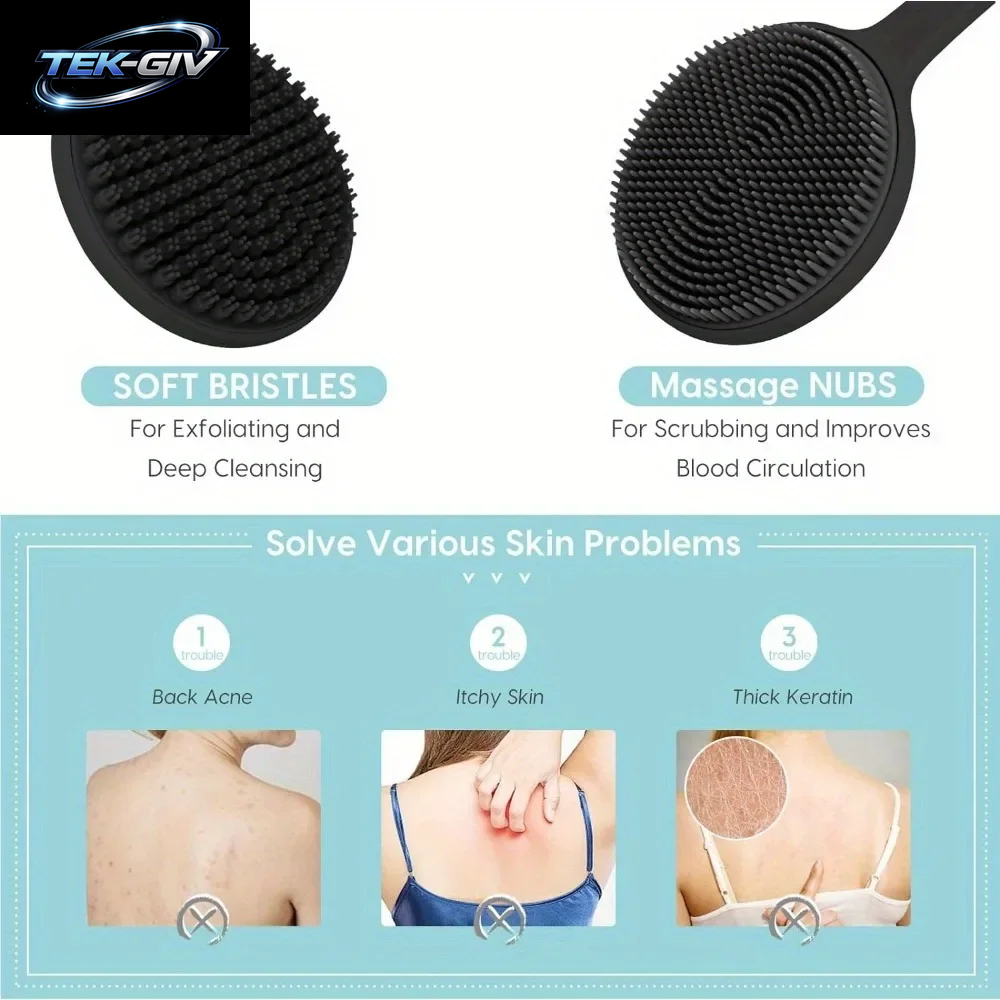 Silikon-Rückenschrubberbürste Für Die Dusche, Körper Mit Langem Griff, Tiefenreinigung Und Peeling-Massage, Doppelseitige Weiche Borsten