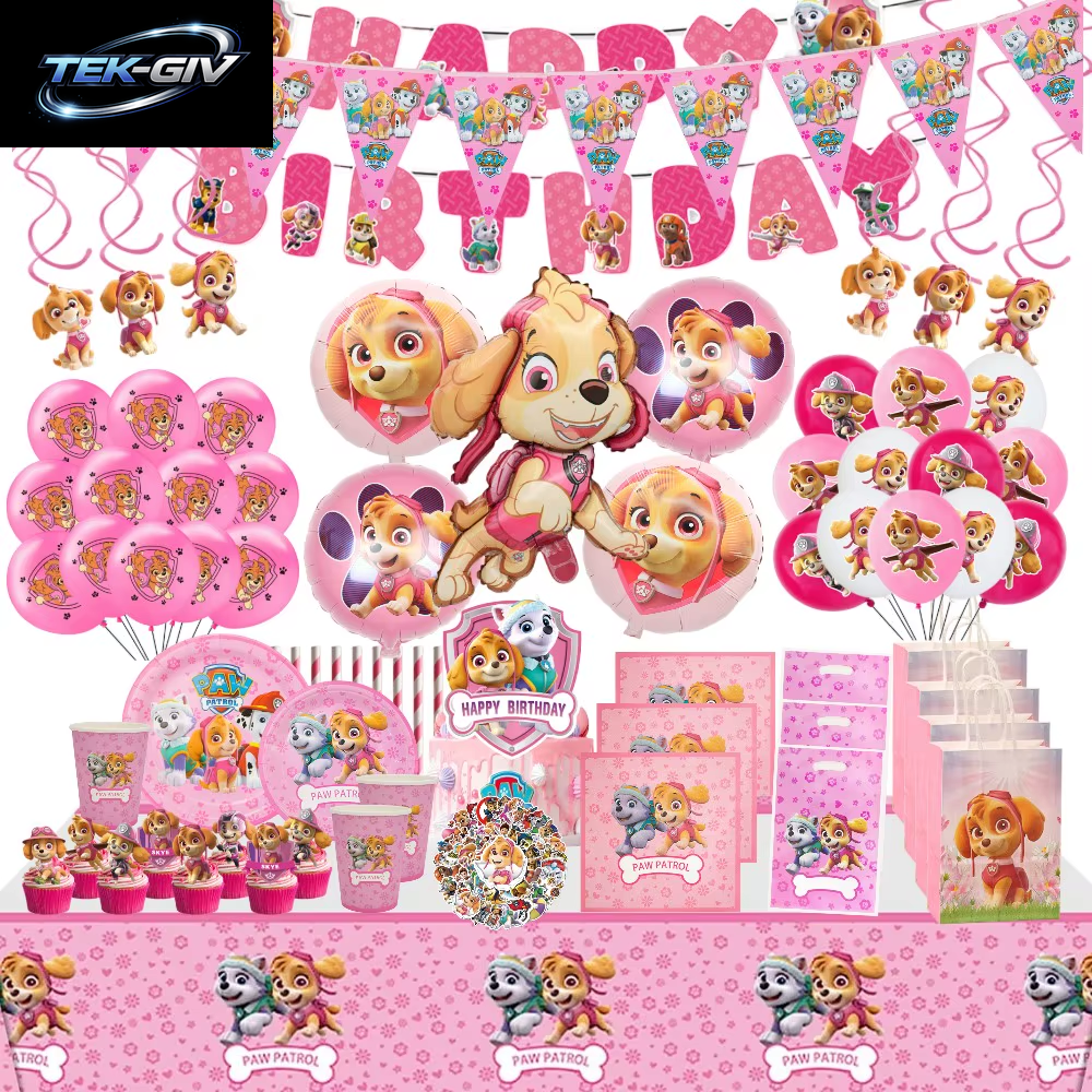 Rosa Paw Patrol Skye Geburtstag Party Dekorationen Skye Folie Latex Ballons Geschirr Teller Hintergrund Für Kinder Mädchen Party Supplies