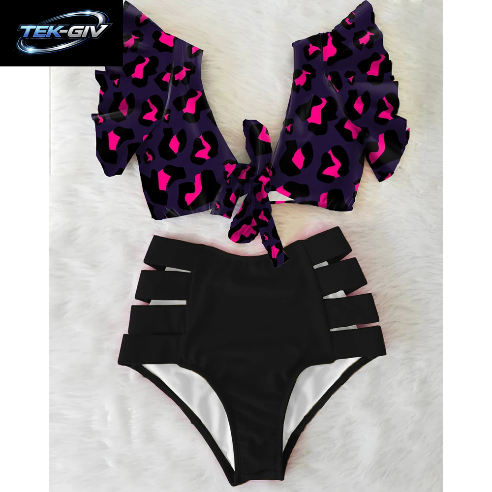 2026 High-Waist Bandage Bikini-Set Für Damen Mit Blumenmuster, Rüschen, Push-Up Und Riemchen – Brasilianischer Biquini Badeanzug