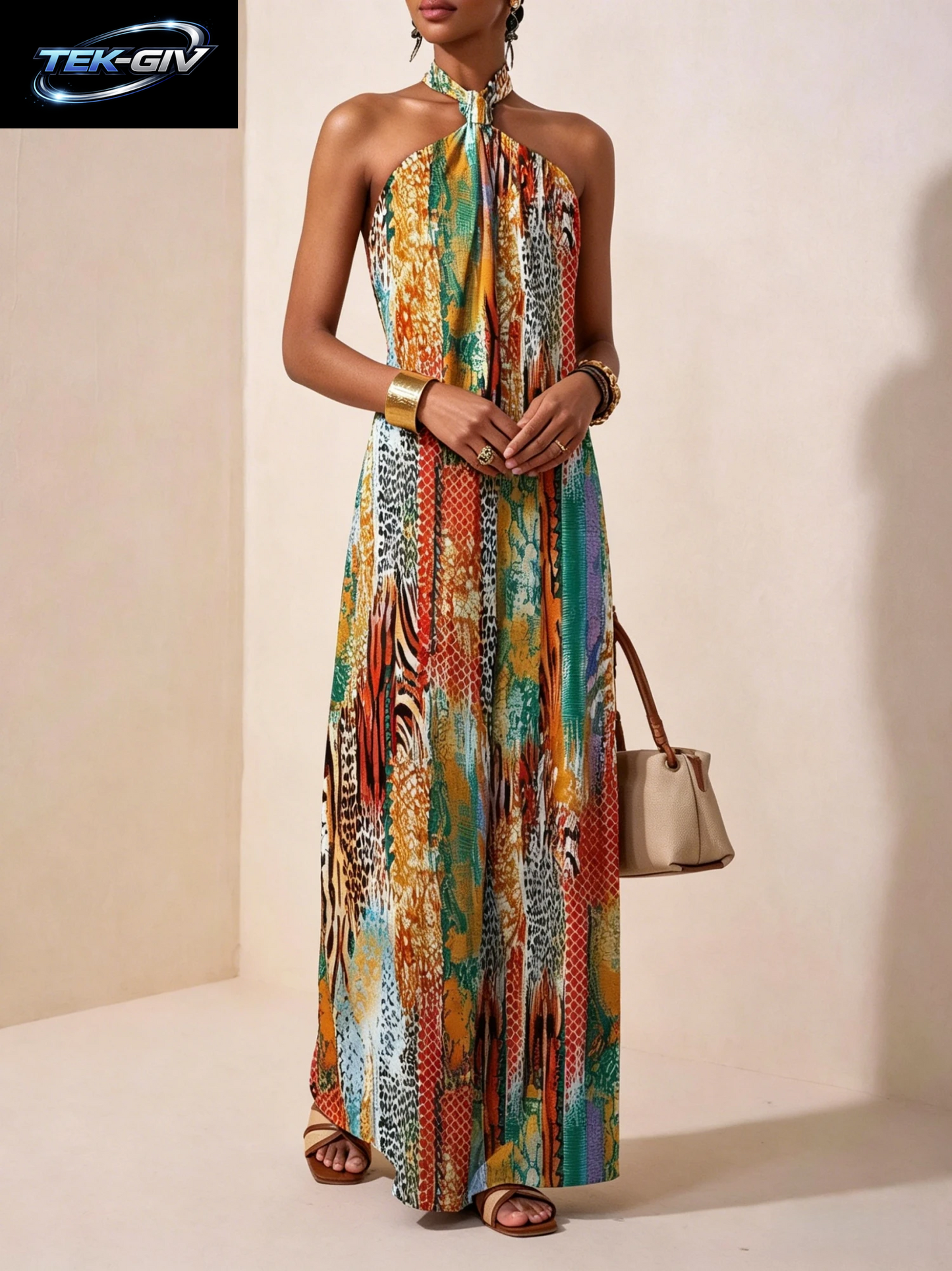 Damen-Maxikleid Mit Neckholder-Ausschnitt, Rückenfrei, Bedruckt, Lockere Passform, Ärmellos, Bohemian-Stil, Freizeitkleid, Frühling, Sommer, Urlaub, Strand-Outfit