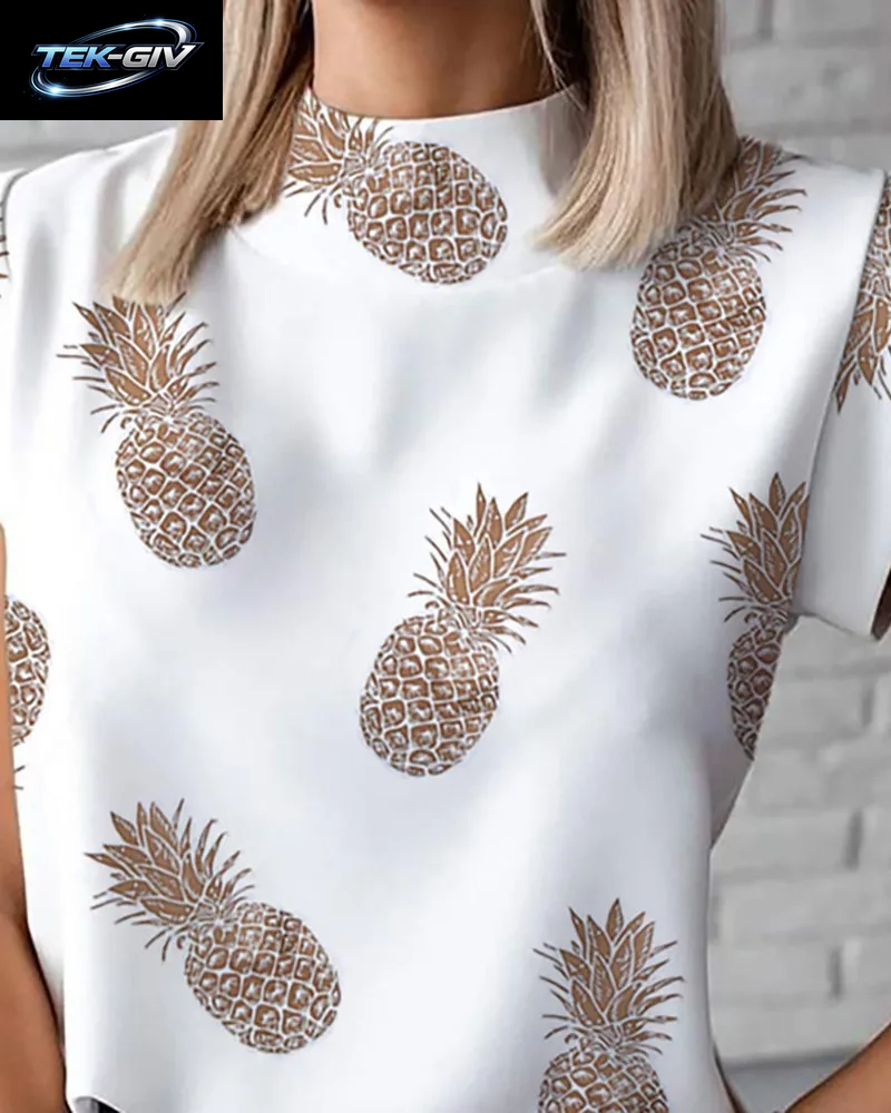 Damen-Bluse Mit Abstraktem Gesichtsdruck, Ärmellos, Stehkragen Und Knopfleiste Für Sommermode