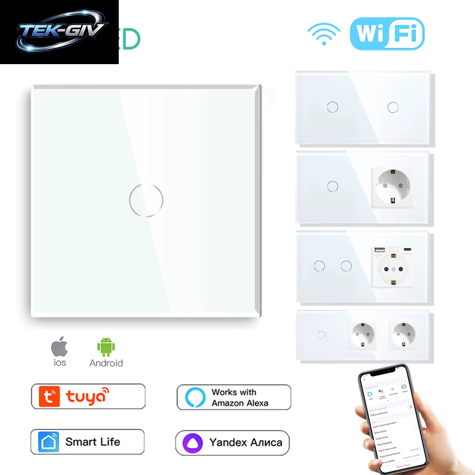 BSEED Wifi Touch Schalter Wand Licht Schalter Mit EU Buchse USB Typ-C Stecker Tuya Smart Leben Alexa Yandex App Steuerung Glas Panel