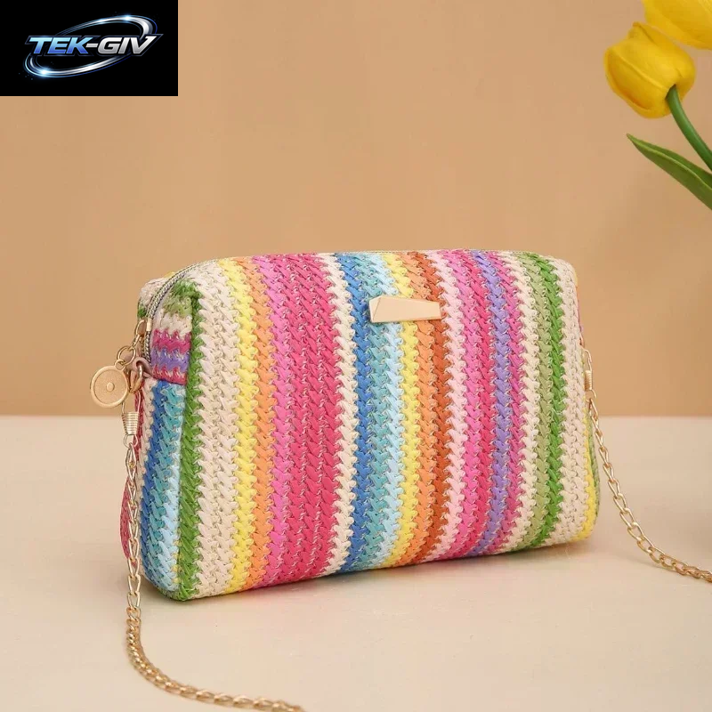 Rattan Stricken Frauen Stroh Tasche Strand Sommer Kette Kleine Geldbörse Und Handtasche Weibliche Schulter Umhängetaschen Reise Design Flap Bag