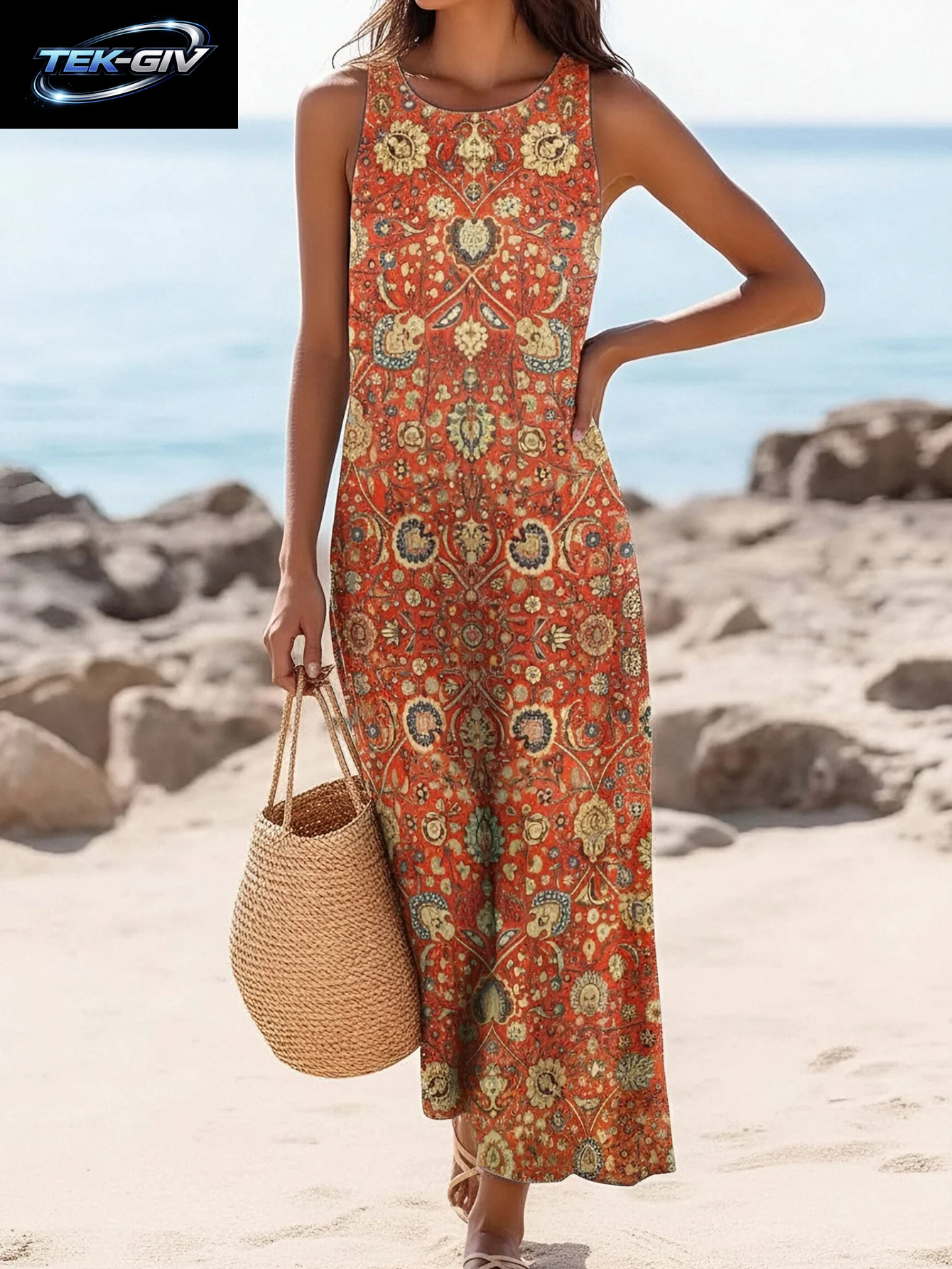 Boho-Urlaubskleid Mit Sonnenblumen-Ethno-Print, Rundhals, Locker Geschnittenes Langes Urlaubskleid, Dopamin-Kleid, Leichtes, Reifes Maxikleid