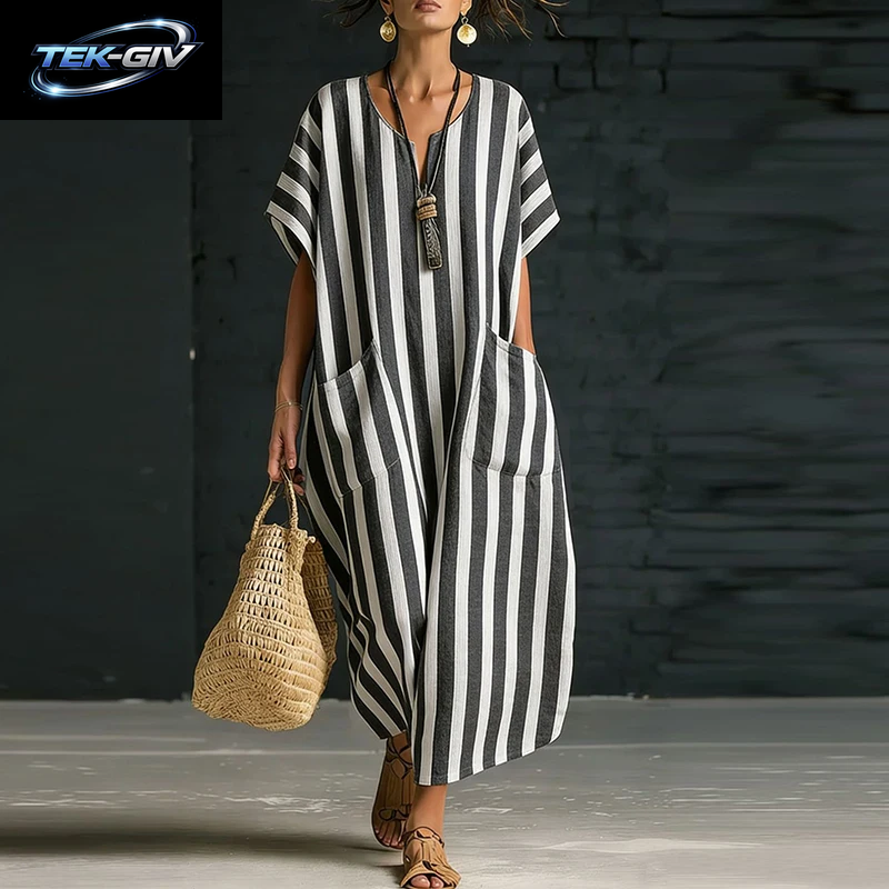 Sommer Strandkleid Für Damen, Lässiges V-Ausschnitt-Kleid Mit Streifenmuster, Lockeres Maxikleid Mit Taschen, Boho-Partykleid