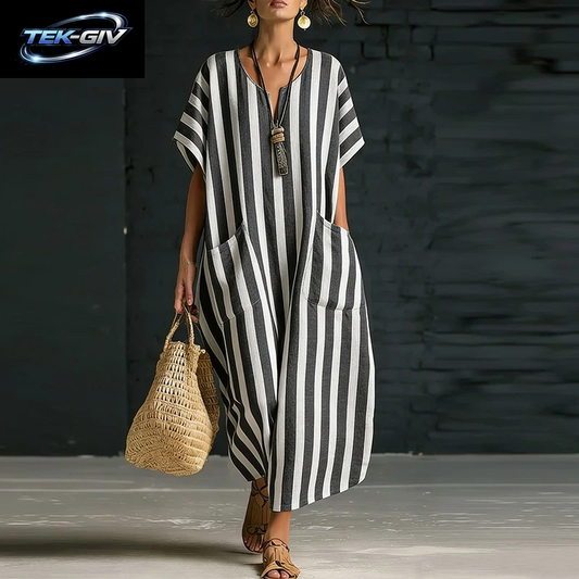 Sommer Strandkleid Für Damen, Lässiges V-Ausschnitt-Kleid Mit Streifenmuster, Lockeres Maxikleid Mit Taschen, Boho-Partykleid