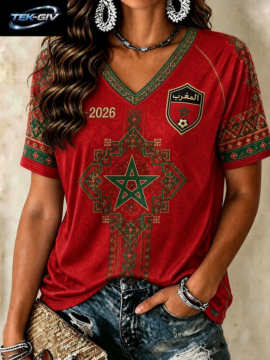 Marokkanische Fußball-T-Shirts Für Damen Mit V-Ausschnitt, Fußball-Kultur-T-Shirt