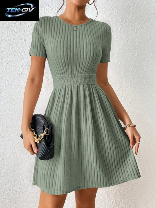 Modisches Lässiges Einfarbiges Geripptes Taille-Kleid Mit A-Linie, Neuerscheinung, Bequeme Elegante Damenkleidung