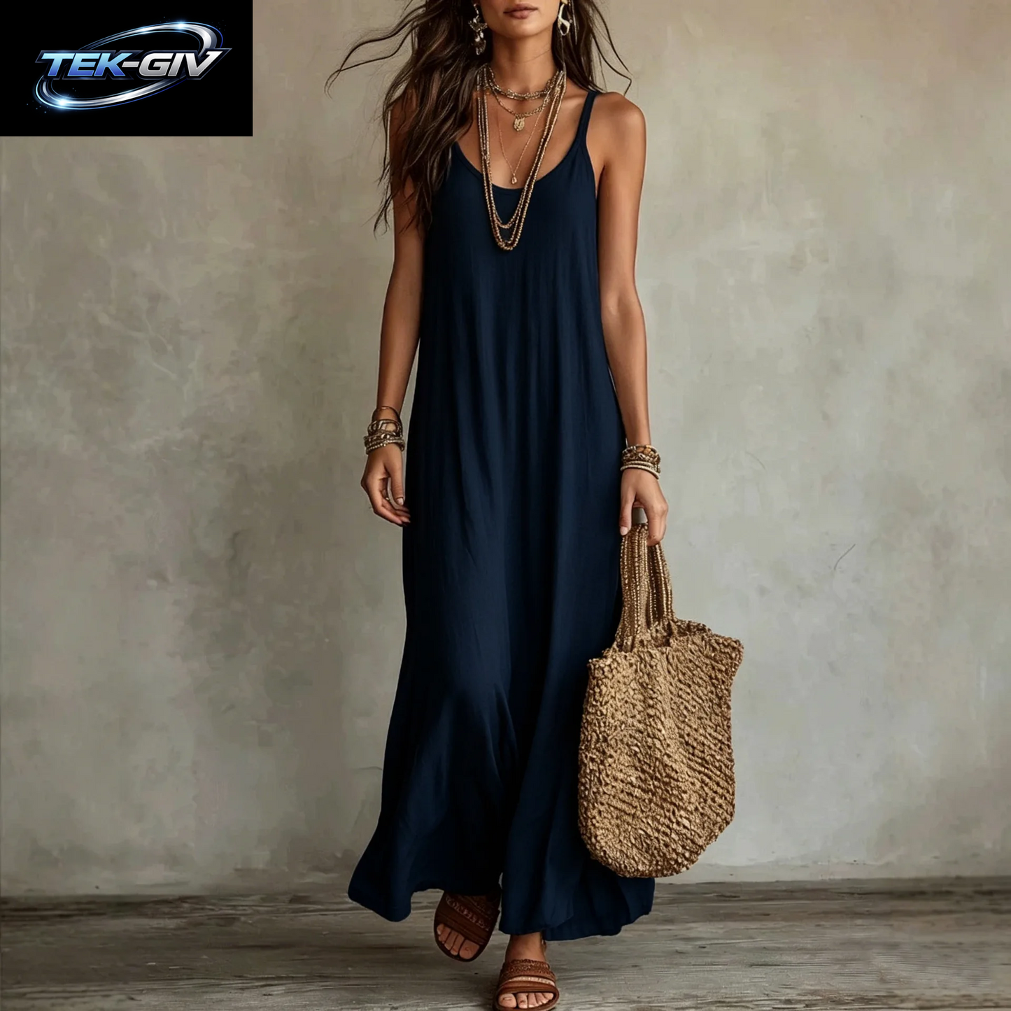 Rückenfreie Cami-Kleider Sommer Damen Boho-Kleid Spaghetti-Träger Ärmellos Lässiges Maxikleid Langes Sommerkleid Urlaubs-Strandkleidung