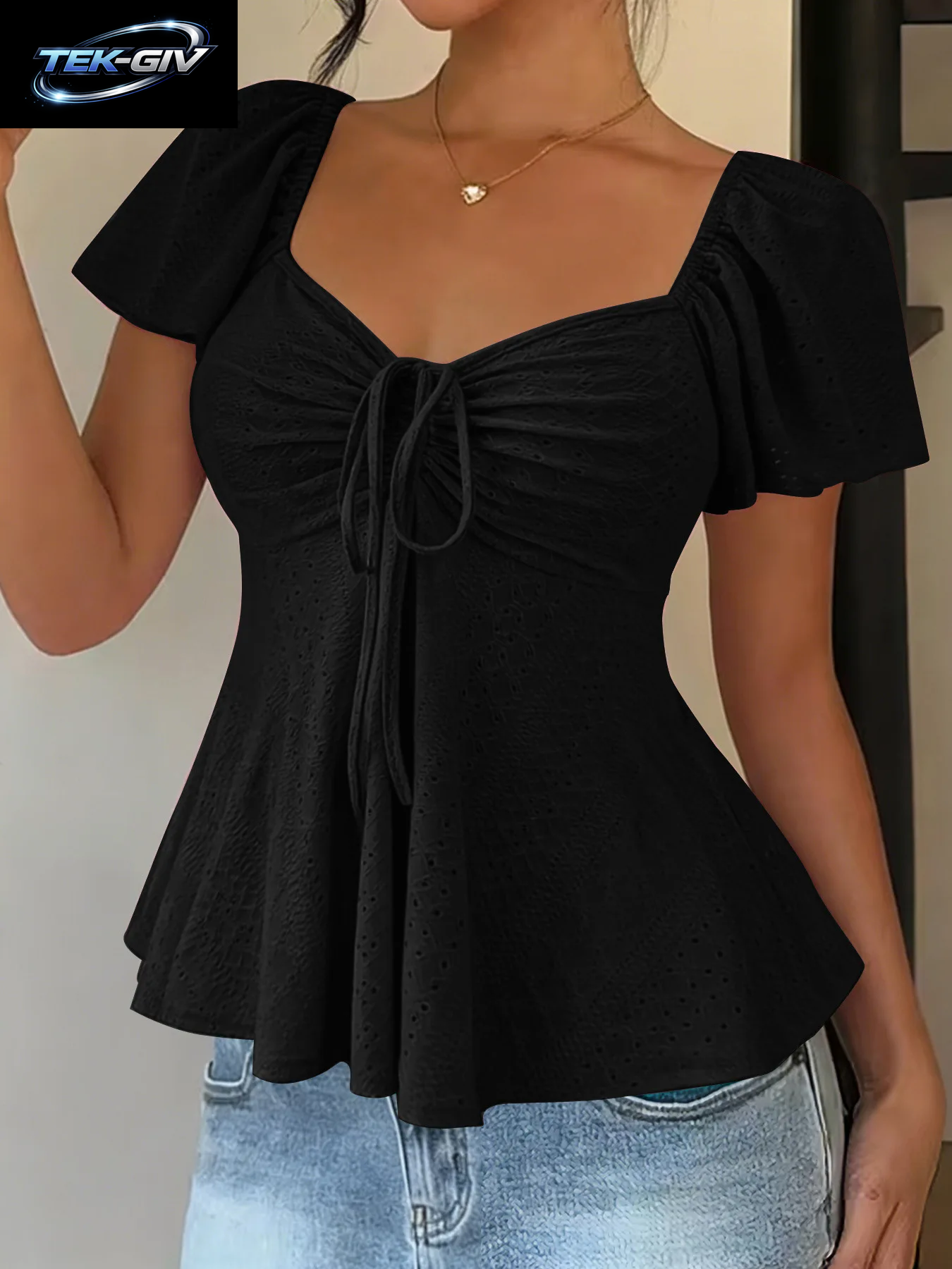 2026 Frauen Y2K Sommer Tops V-Ausschnitt Kordelzug Sexy Spitze up Kurzarm Einfarbig Shirts Weibliche Elegante Casual Mode Blusen